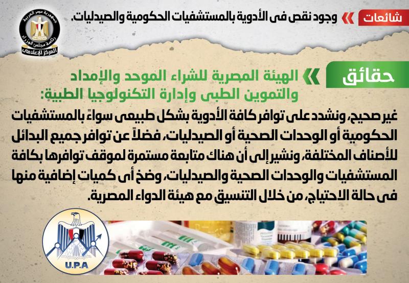 الحكومة توضح حقيقة وجود نقص في الأدوية بالمستشفيات الحكومية والصيدليات